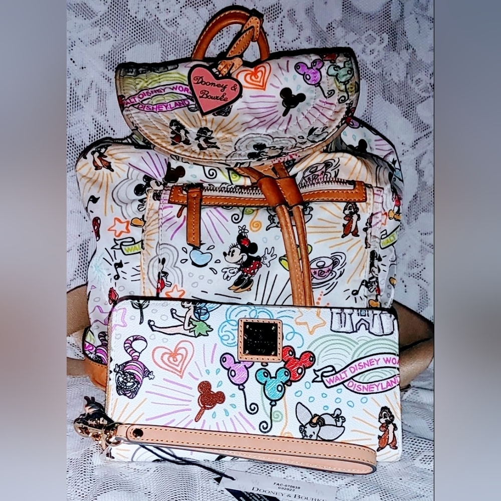 NEW HTF retired Disney Dooney and Bourke Sketch Wallet & Sketch Backpack Purse